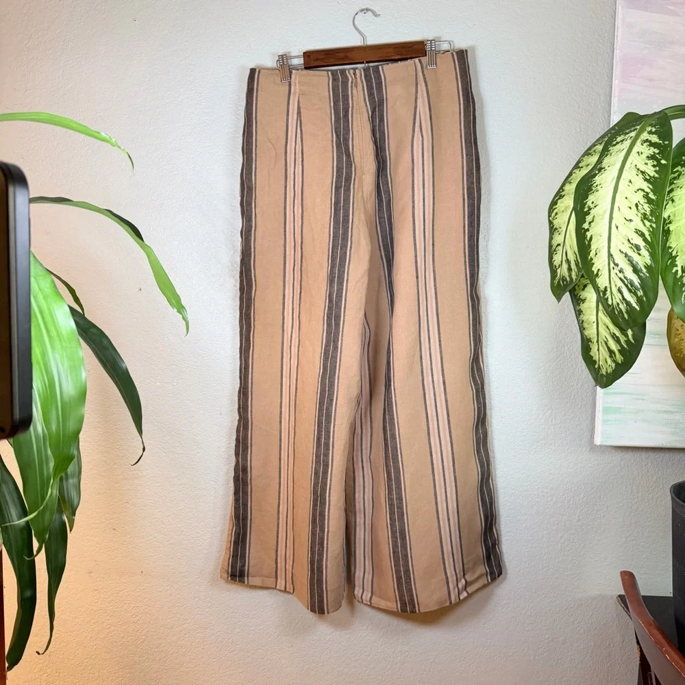 Banana Republic Linen Mia Wide Leg Flowy Pleated Brown Tan Striped Boho Pant 10
